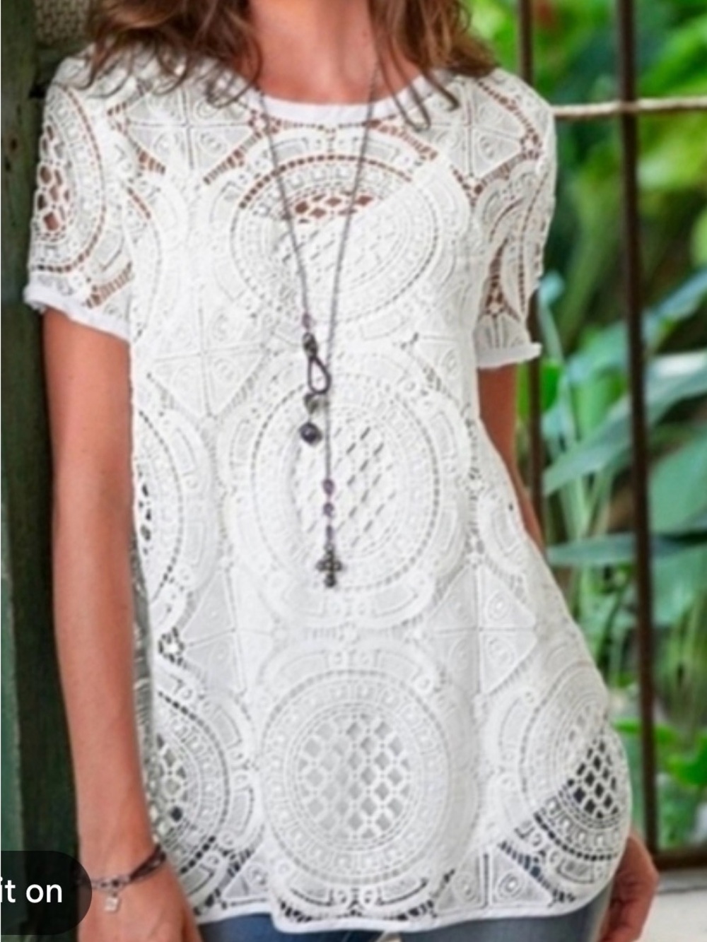 Sundance Sheer White Lace Short Sleeve Tunic Top, Size XL, EUC
